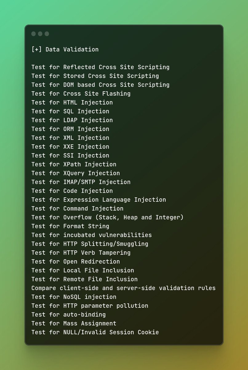 hackinarticles's tweet photo. Data Validation Checklist

#infosec #cybersecurity #pentesting #redteam #informationsecurity #CyberSec #networking #networksecurity #infosecurity #cyberattacks #security #linux #cybersecurityawareness #bugbounty #bugbountytips https://t.co/xnsDPF77u8