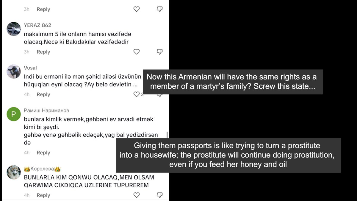 LindseySnell's tweet photo. Noticing comments from Azerbaijanis outraged by AZ gov's Nagorno-Karabakh propaganda are now tempered by those catching on to AZ's "humanitarian" facade.

On a video of 2 Armenians "getting AZ passports":
"Everyone knows we can't live with them; be patient. It's just a show." https://t.co/9oDlfH7Uir
