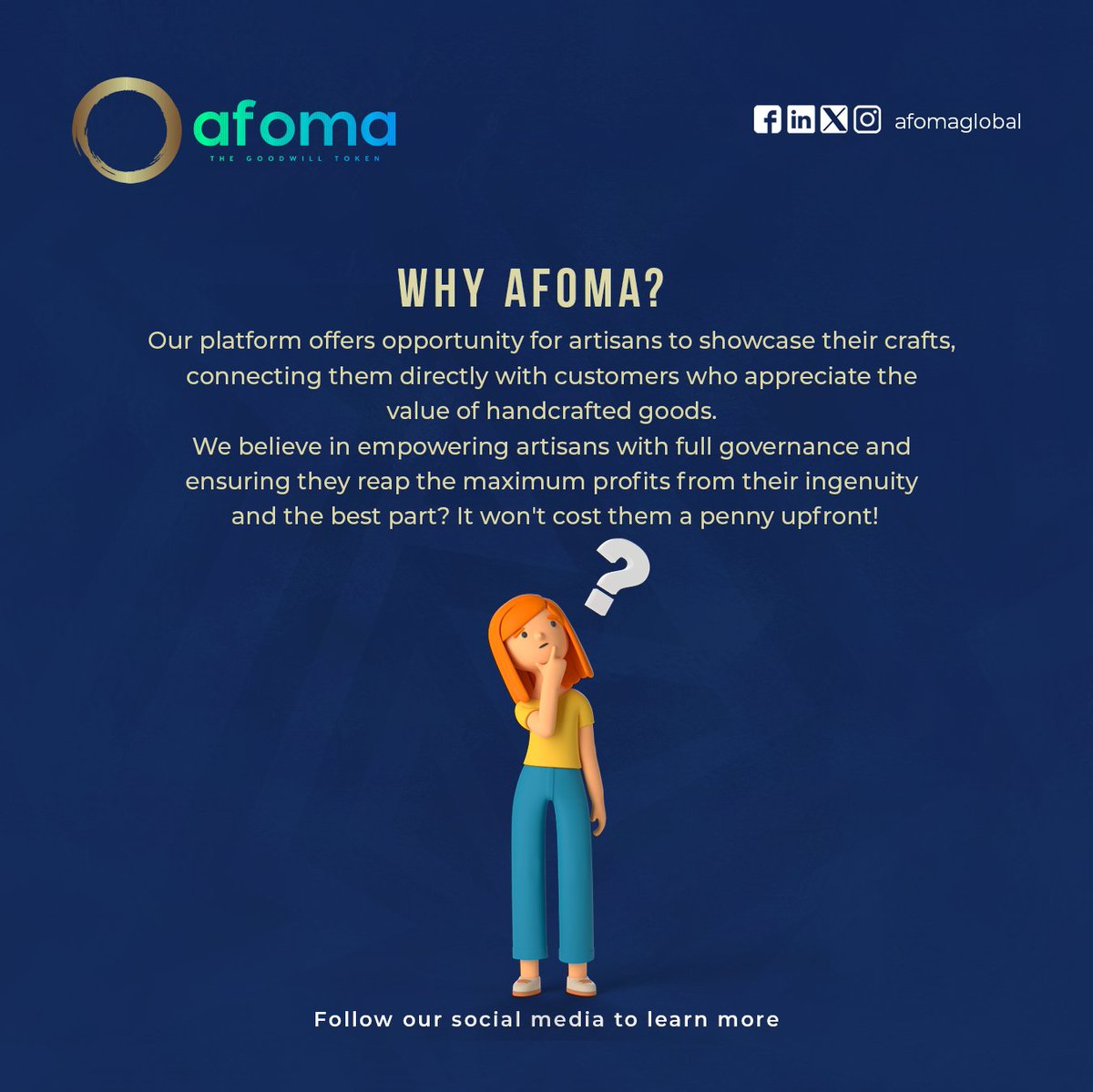 AFOMA empowers artisans globally, offering a free platform to showcase and sell their unique crafts. Join us to support local talent! #Web3 #Crypto