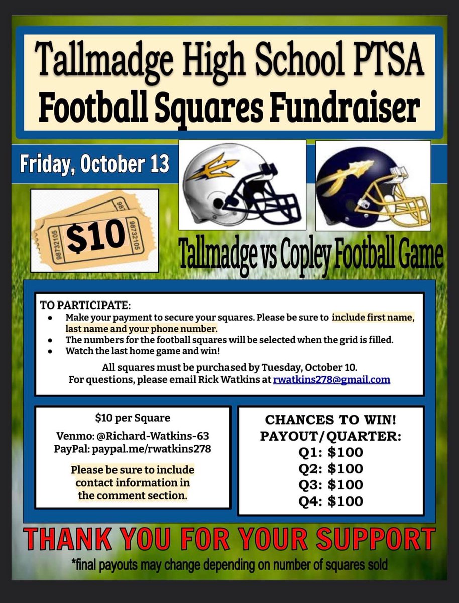 Help support THS PTSA! Get your squares today 💙💛 🏈!