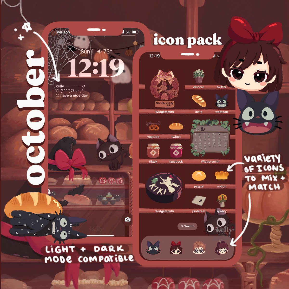 kellyfleur_'s tweet image. 🎃 october wallpaper 🐈‍⬛
this month combined halloween &amp;amp; kiki’s delivery service (with many many jiji icon options and removable garland in the pack) ~ 

🔗┊ ko-fi.com/kellyfleur/shop