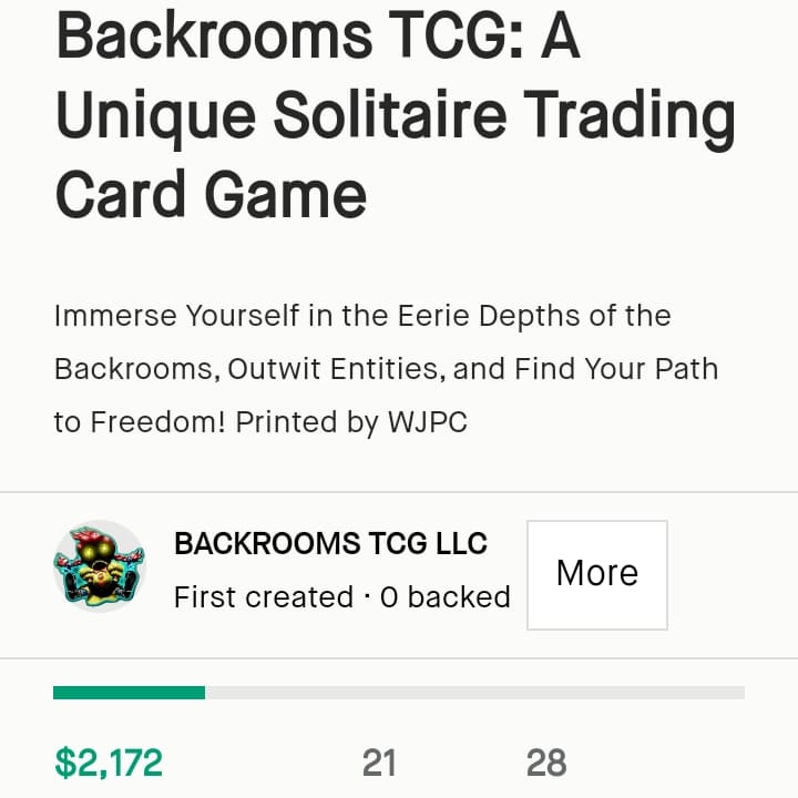 BackroomsTCG's tweet photo. Today is the day! Two hours in and 20% funded!! We are truly humbled and cannot wait to see how this grows. Don't miss your chance! https://t.co/KkjJKaPQqV Become a Wanderer! #backroomstcg #backrooms https://t.co/rakaVzyI34