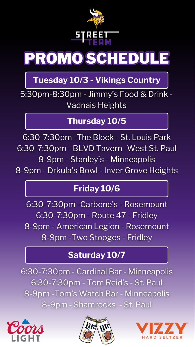 Promo schedule for this week! Come on out to win <a href="/Vikings/">Minnesota Vikings</a> prizes and tickets!! 💜💛🎉