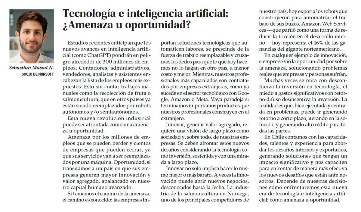 nursoftco's tweet photo. En la edición del día de ayer de El Mercurio Economía y Negocios, Sebastián Masad (Socio Consultor de Nursoft) escribió sobre como la tecnología es una oportunidad, invitado a las empresas a repensar con una mirada de largo plazo la innovación.

Les compartimos la columna. https://t.co/ahVvxSKeXk