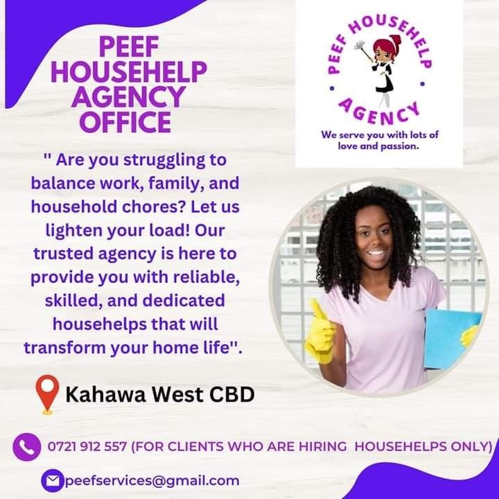 Keep your house in order with our trusted househelps. Call 0718508839 /0721912557

#househelp
#househelper 
#househelpagency 
#domesticworkers 
#skilledhelpers 
#helpathome 
#householdhelp
#nannyagency 
#peefhousehelpagency 
#maid 
#nanny