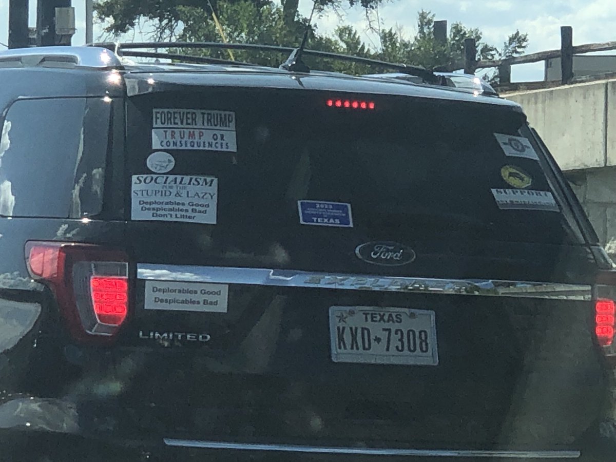 GloriaCampos's tweet image. Spotted at stop light EB290 headed out of Austin. Upper left: what do you suppose he means by “Trump or consequences?” I think we know. IDK it was old geezer behind wheel  (probably older than me) he didn’t look so tough to me; I think I can take him. 😏