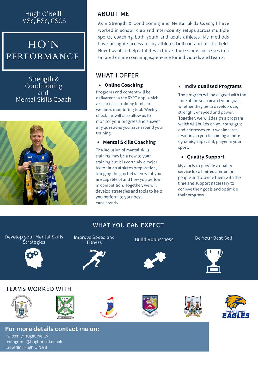 A new venture for me! I'm currently able to take on a small number of athletes who are looking for a tailored S&amp;C program, and, or looking to advance or understand the mental side of their game.
Send me a DM if you're interested in hearing more.