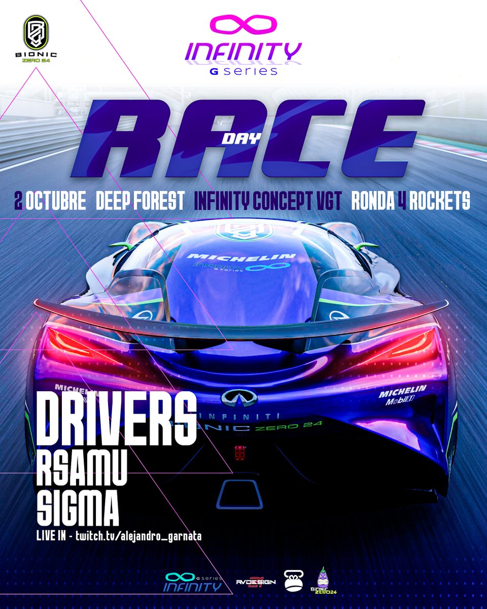 ♾ 𝗖𝗨𝗔𝗥𝗧𝗔  𝗥𝗢𝗡𝗗𝗔 | 𝗚𝗥𝗨𝗣𝗢 𝟯 𝗥𝗢𝗖𝗞𝗘𝗧𝗦 𝟮𝟭:𝟯𝟱 | <a href="/InfinityGSeries/">Infinity GSeries</a> 

📍Deep Forest
🤖 <a href="/ISigmaVK/">CGT_Sigma</a> 
🤖 <a href="/RsamuG/">RSamu_R6</a> 
🚗 Infinity concept VGT
🎙️ <a href="/AGarnata/">Alejandro Garnata</a> 
🎙️ <a href="/QUIGONKILL_66/">QUIGONKILL_66</a> 

EN DIRECTO AQUÍ⬇️⬇️
 twitch.tv/alejandro_garn…

#GOBZ24 #GranTurismo  #GT7