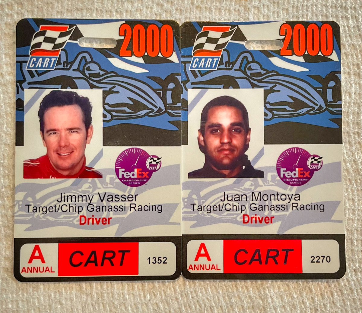 .@jimmyvasser & @jpmontoya were 2000 #IndyCar Teammates @CGRTeams - how about this pair of HardCards hiding in a dusty file folder; CART issued spares; our professional drivers often misplaced their originals!!