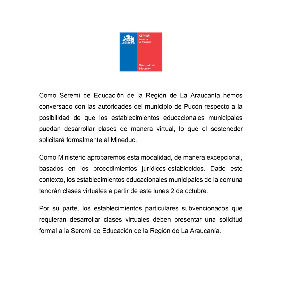 Compartimos comunicado oficial referido a situación de clases en la comuna de Pucón en torno a la alerta naranja volcánica.👇