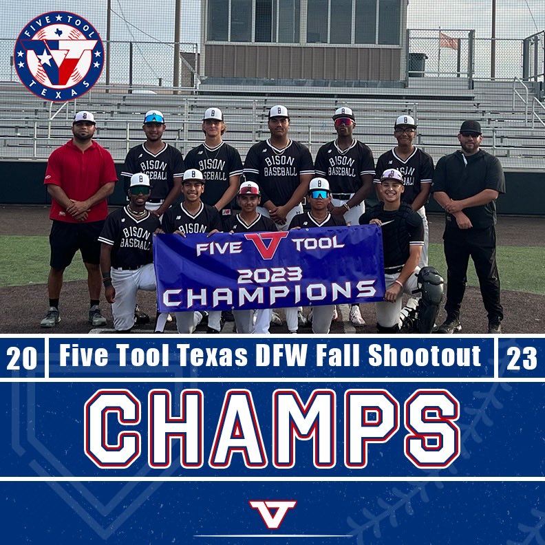 FiveToolTexas's tweet photo. 🏆CHAMPIONS🏆

Congrats to Bison Baseball Nico/Rico on winning the 17U/18U American Division of the @FiveTool Texas DFW Fall Shootout!

#WatchEm https://t.co/8K5wDfDbtU