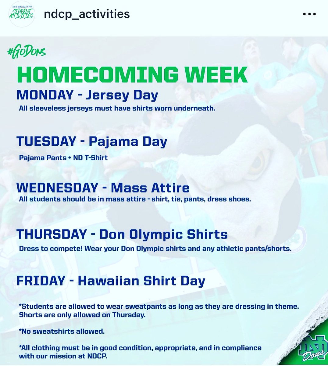 ShayBoyle_NDCP's tweet photo. Homecoming Week at the Home of the Dons! Proud to be a Notre Dame Don! Let's celebrate everything happening at our great school! The World Needs More Dons! #RaiseTheStaNDard #GreenBlooded #DonPride @ndcp_athletics @NDCP_Enrollment @MediaCrew_NDCP @NDCP_soccer @NDCP_Football https://t.co/QRD9xyrQcG