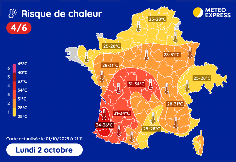 🥵 Ce lundi sera le jour d'octobre le plus chaud jamais observé ! Loc. 34-36°C en Aquitaine ! ➡ meteo-express.com/previsions/pre…