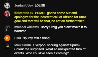 acme01's tweet photo. This person in chat called the pgmol apology before half-time in the Spurs vs Liverpool game. https://t.co/sdrkRxLy6w