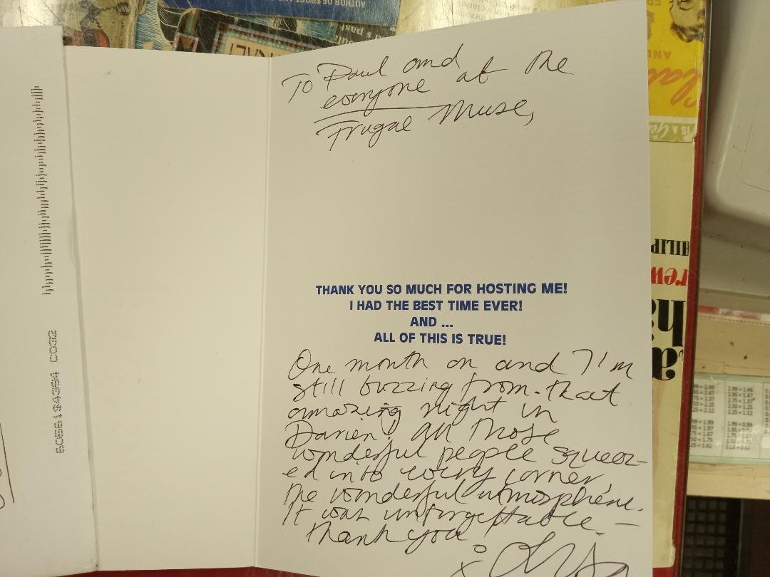 Received a Thank You card from internationally bestselling thriller author Lisa Jewell from across the pond after her signing at our store last month.  It says, "One month on and I'm still buzzing from that amazing night in Darien. . . #frugalmusebooks #indiebookstore #lisajewell
