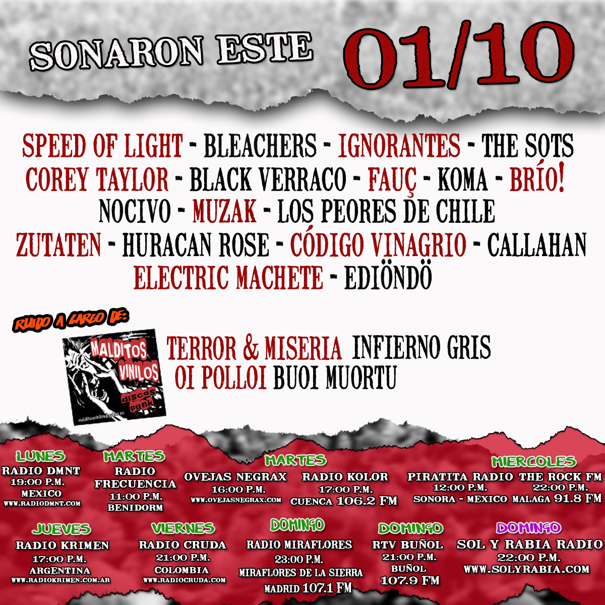 Sonaron el 01/10 todas estas bandas, os espero el próximo a las 22:00 en @solyrabiaradiocon más música!!. Si os los perdisteis, podéis escucharlo aquí: bit.ly/2qR785V L en <a href="/radio_mente/">RadioDMNT</a> M <a href="/Radio_kolor/">Radio Kolor</a> <a href="/OvejasNegrax/">Ovejas Negrax / Editorial/ Website Radio</a> X en <a href="/PiratitaRadio/">PiratitaRadio</a> D
<a href="/radiobunyol/">Radio Buñol TV</a>