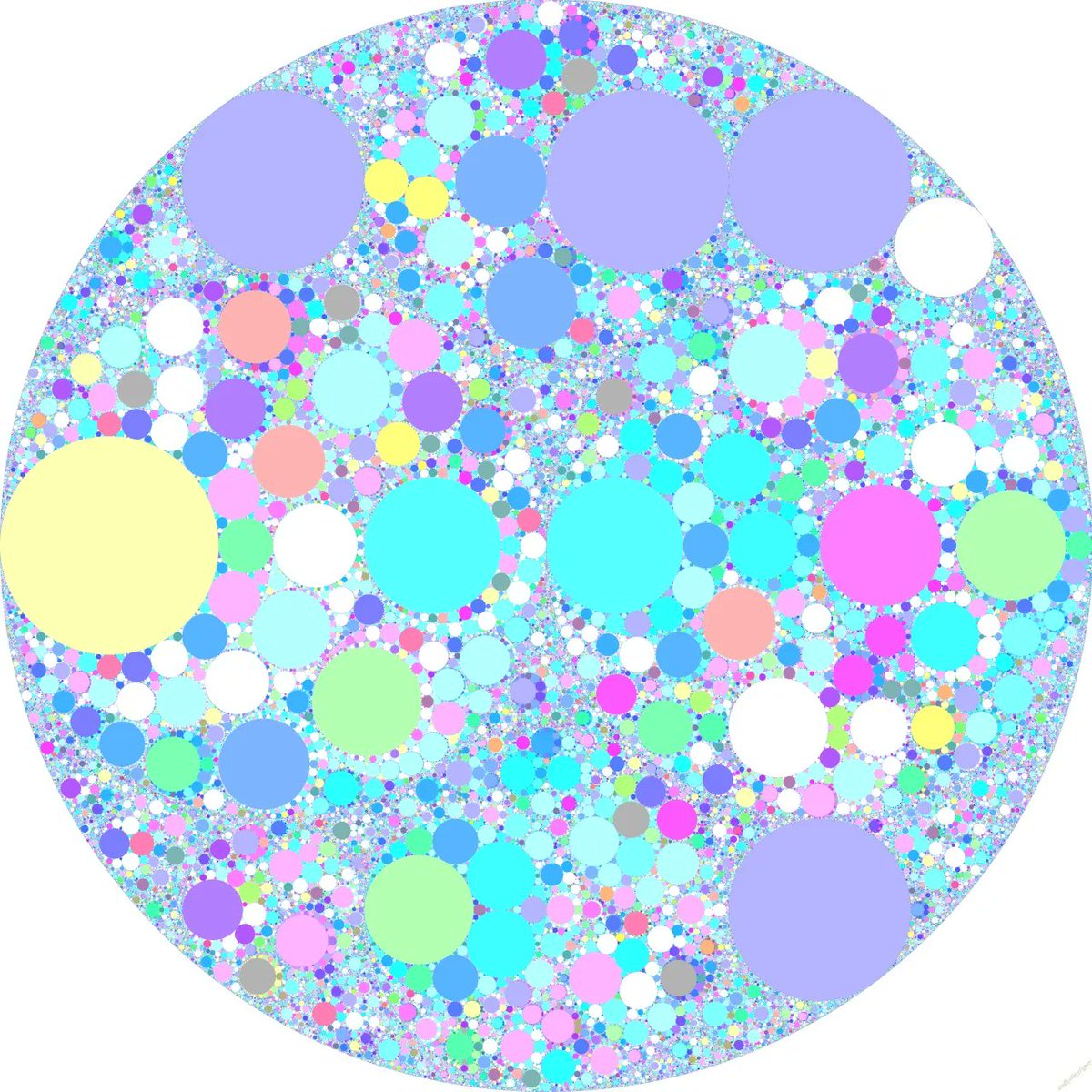 NonEuclideanDr1's tweet photo. High Resolution Render for Patrons of Level Square and up - Final Version!
Nested Apollonial Gaskets, 3 steps of Recursion Deep! 25600×25600 pixels, circles rendered down do curvatures of 5120.
#circlepacking #recursion https://t.co/reDog6fKkp