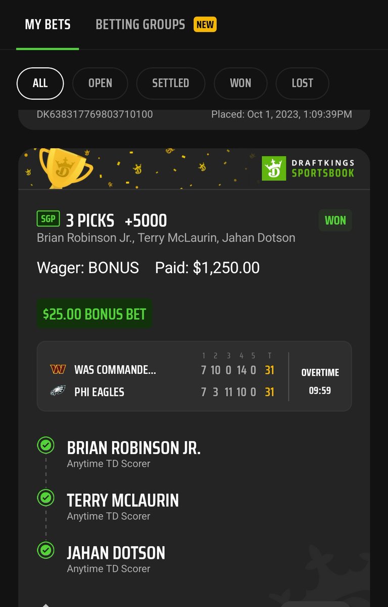 Thank you Kentucky for finally legalializing sports betting and to  <a href="/KySportsRadio/">Matt Jones</a> and <a href="/DKSportsbook/">DraftKings Sportsbook</a> for the $25 bonus bets. With a TD pass to Jahan Dotson with literally one second left in regulation I hit this parlay for $1,250. Not a bad day.