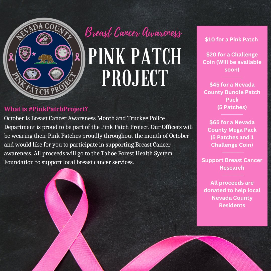 It’s October and the #PinkPatchProject is back! Patches will be available at Tahoe Forest Hospital Foundation this coming week, and 2023 coins will be available later this month. 

#BreastCancerAwareness #PinkPatchProject #TruckeePolice