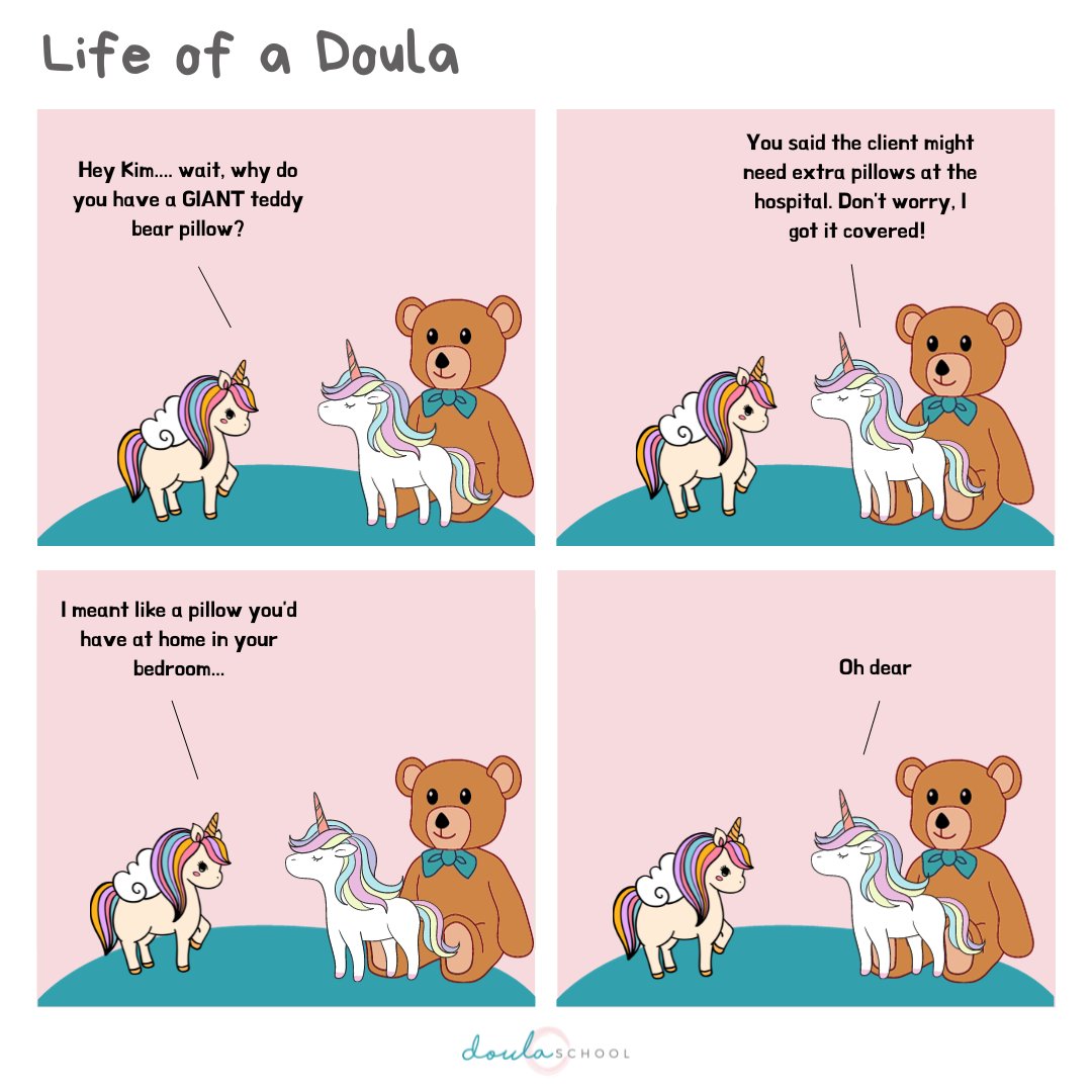 DoulaSchool's tweet image. Sometimes new doulas go above and beyond. Maybe even TOO far!

#Comic #Birth #Birthdoula #Birthwork #Cartoon #Unicorn #Doula #Comicstrip #Pregnancy