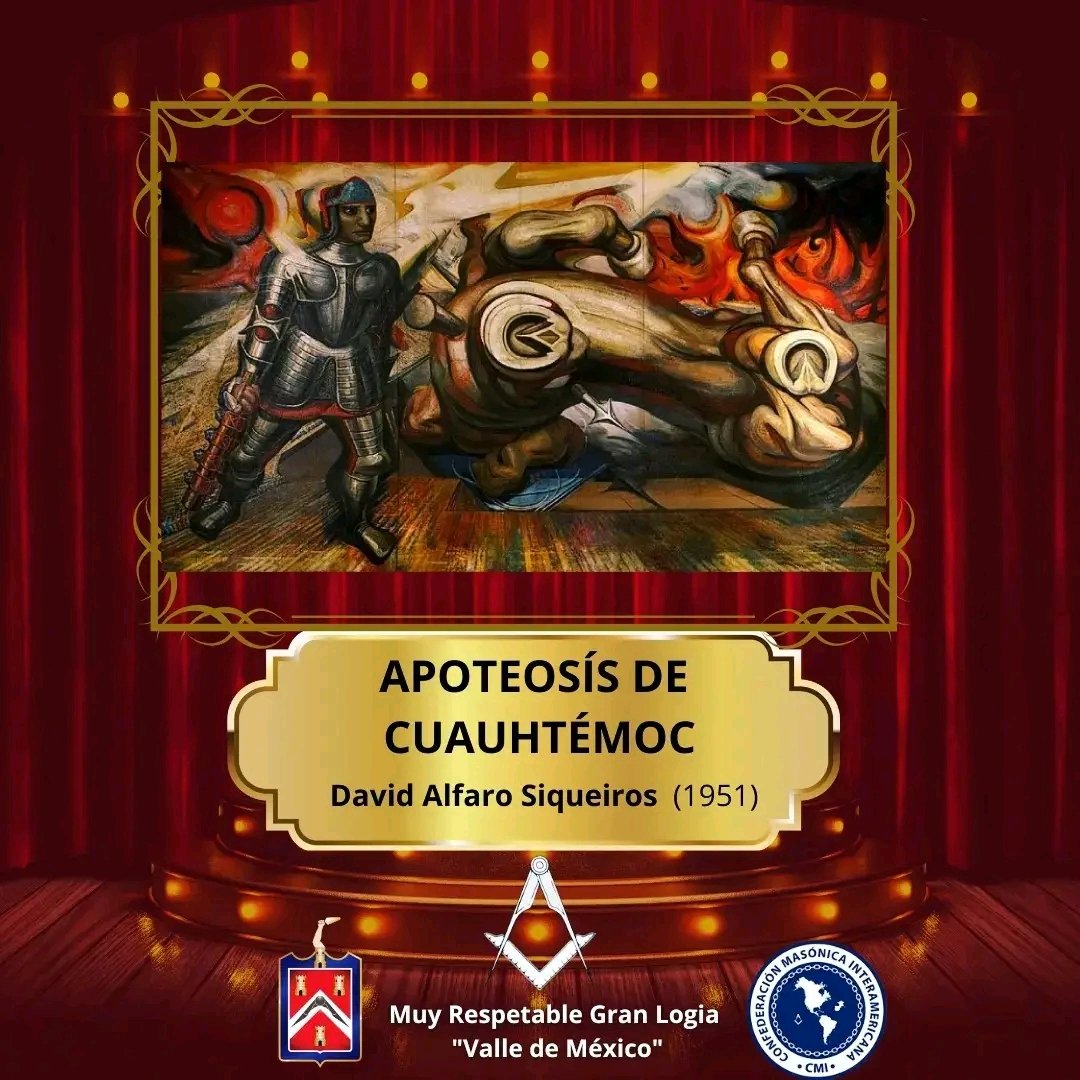 Una apoteosis es el momento culminante o triunfal de una situación, o bien, la glorificación o exaltación de una persona. En este mural, Cuauhtémoc se encuentra ataviado con una brillante armadura y se yergue victorioso con una macana en la mano, después de haber