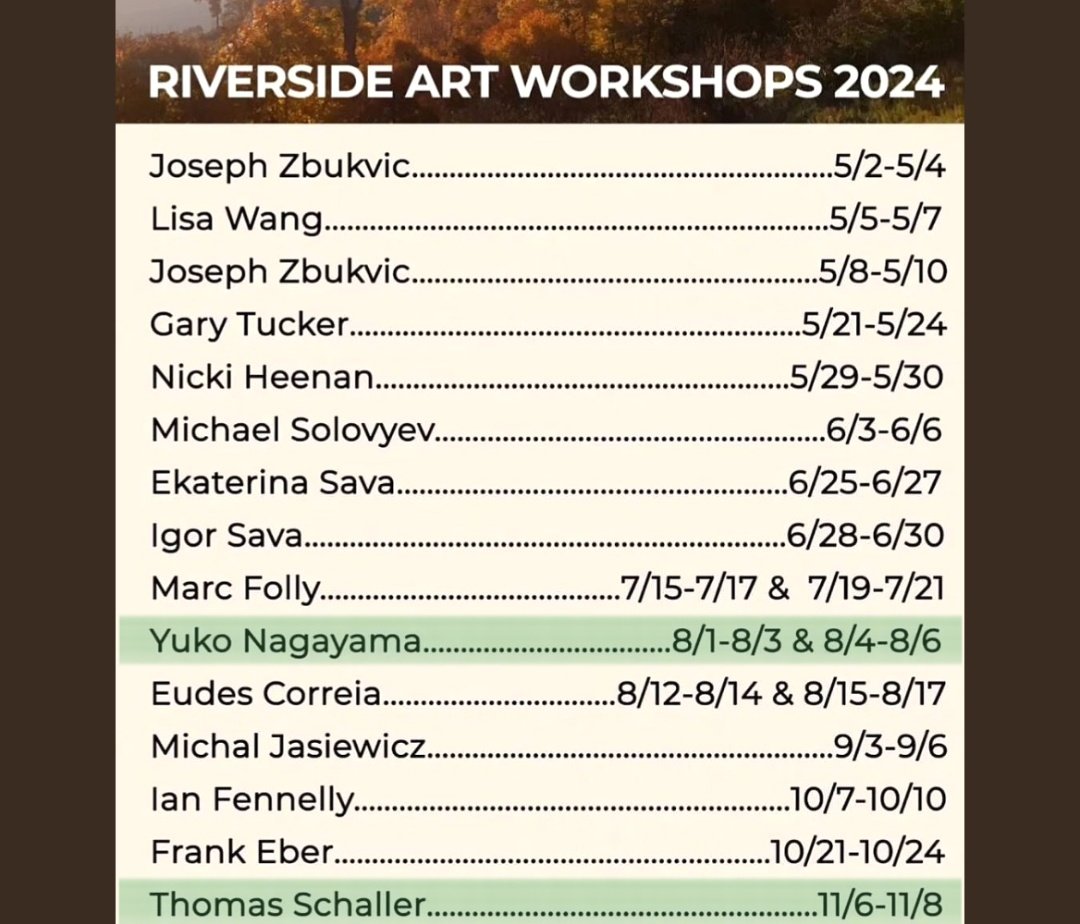 .
'Riverside Art workshops 2024'
#YukoNagayama
August 1 - 3 & 4 - 6, 2024
#ThomasSchaller
November 6 - 8, 2024
instagram.com/p/CwoNUNRhXqX/…