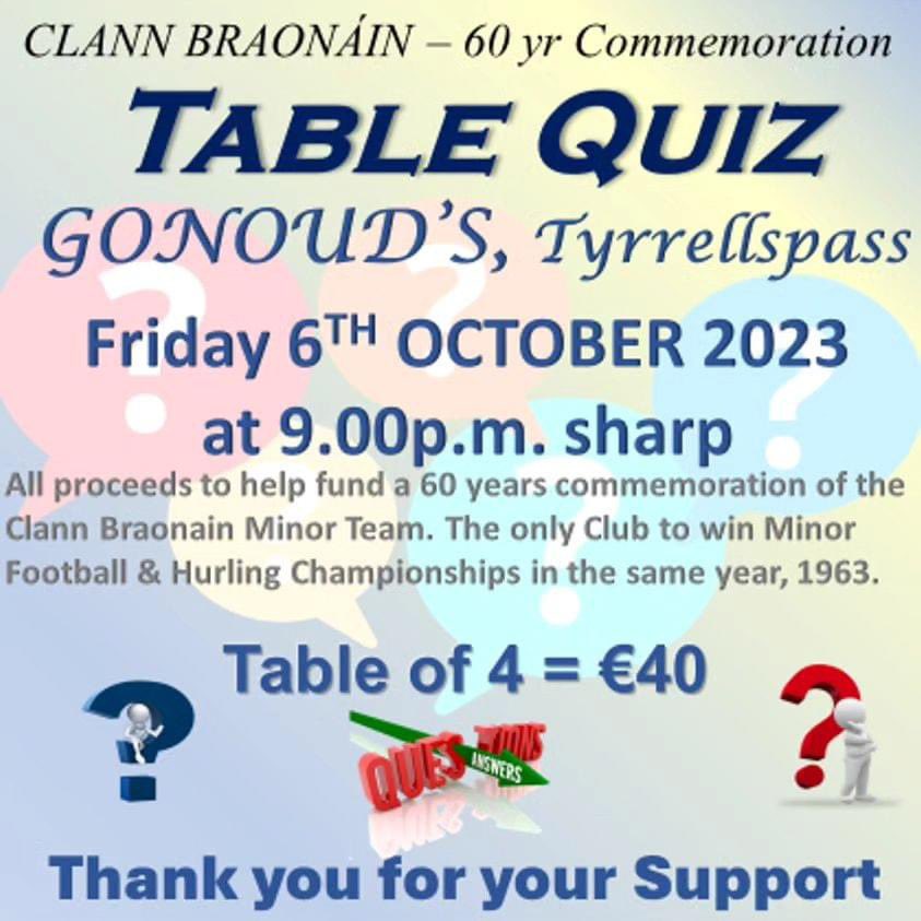 Next Friday 6th October there will be a fundraising table quiz in Gonoud’s Tyrrellspass at 9pm. All funds raised will help fund a 60years commemoration of the Clann Braonian Minor Team of 1963.  Please show your support.Thank you to all who donated to the Church gate collection.
