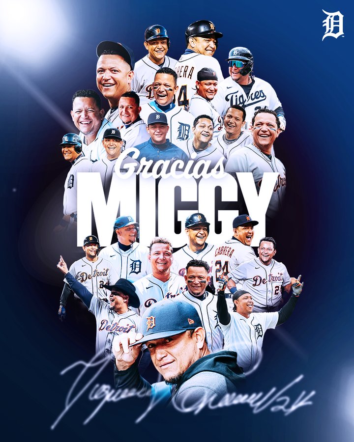 Collage of 24 Miguel Cabrera photos smiling in home and road Tigers jerseys on blue background surrounding white text GRACIAS MIGGY and signature.