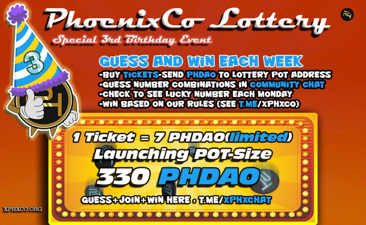 PhoenixcoXphx's tweet photo. Birthday Event 🎰PhoenixCo Lottery🎰
☄️Initial Pot : 330 PHDAO and increasing with each participant buying tickets.
🔰Weekly draw each Monday
✅️More details in the comment thread 

🏆 $PHDAO #lottery #PhoenixCo #XPHX #PHDAO https://t.co/rybagsqAQJ