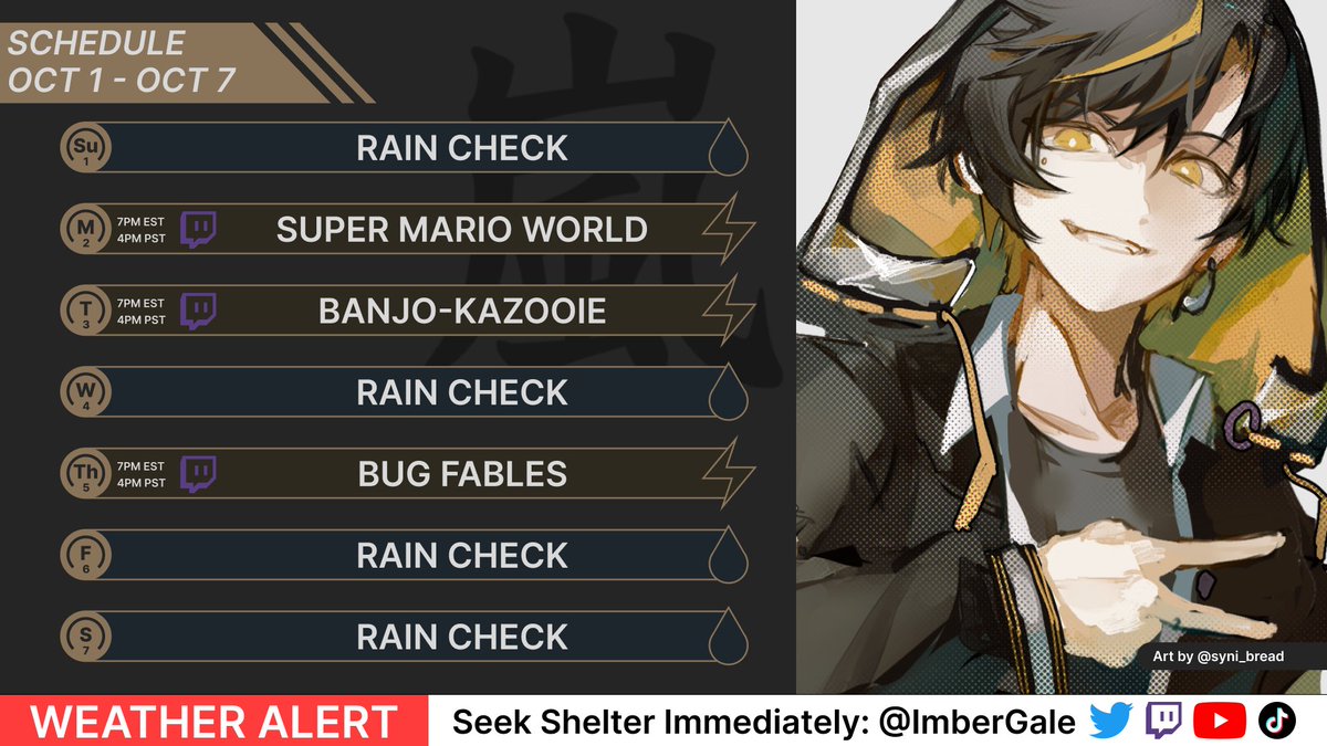 ImberGale's tweet photo. ⛈️SCHEDULE 10/1 - 10/7⛈️ 

WE ARE SO FUCKING BACK

🔴LIVE: #ImberAlert
🎨ART: #ImberArt
⚡️MEMES: #ImbeROFL

#VTuber #ENVTuber https://t.co/vTCwZKqrlU