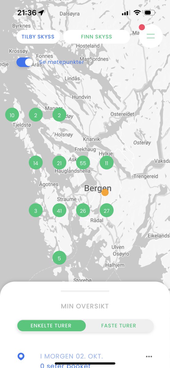 kflamlie's tweet image. Skyss har lansert #samkjøring skyss.no/samkoyring Kanskje det beste klimatiltaket i 2023? @HelgeDrange  @KikkiKleiven @stinaeo  tips til @hundvaagbussen  Her er bilde av tilbudet etter 9 dager. Appen heter @nabo_go - last ned og test med en venn. Ingenting slår første hånds…