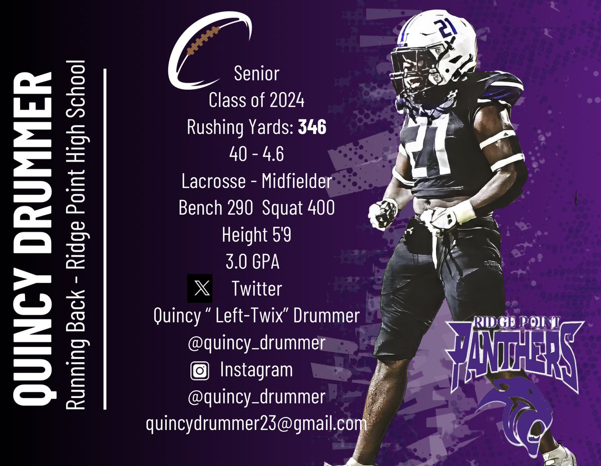 <a href="/quincy_drummer/">Quincy Drummer</a> SR 2024 RB <a href="/RPHS_Panthers/">Ridge Point HS</a>!! <a href="/Coast2Coasttc/">Stephon Johnson Coach J</a> <a href="/Marchen44/">On Da Marc Sports🏈</a> <a href="/TSUFootball/">Texas Southern Football</a> <a href="/Hudl/">Hudl</a>