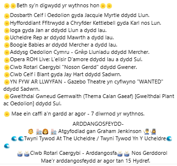 #BethSynDigwyddYrWythnosHon #CelfIOedolion #Ioga #UcheldreRep #BoogieBabies #AddysgOedolionCymru #RoyalOpera #ClwbRotariCaergybi #GazeboTheatreCaergybi #GweithdaiGemwaithCalanGaeaf