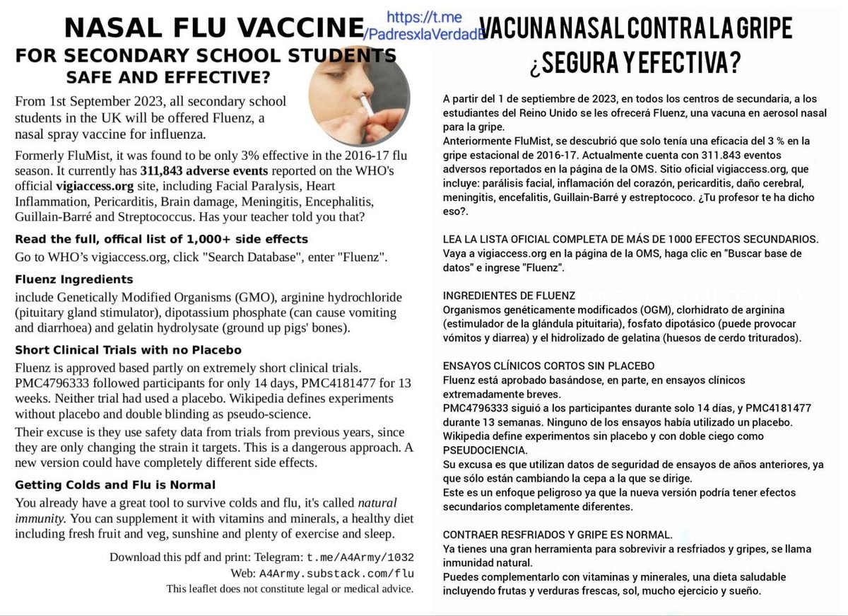 terra_cremada's tweet photo. 🚨VACUNA NASAL NIÑOS🚨

          FLUENZ / FLUMIST

La vacuna nasal de AstraZeneca tiene 311.843 eventos adversos reportados en la OMS. 
Son exactamente los mismos efectos de las inyectables. https://t.co/jTPw4sOZdj