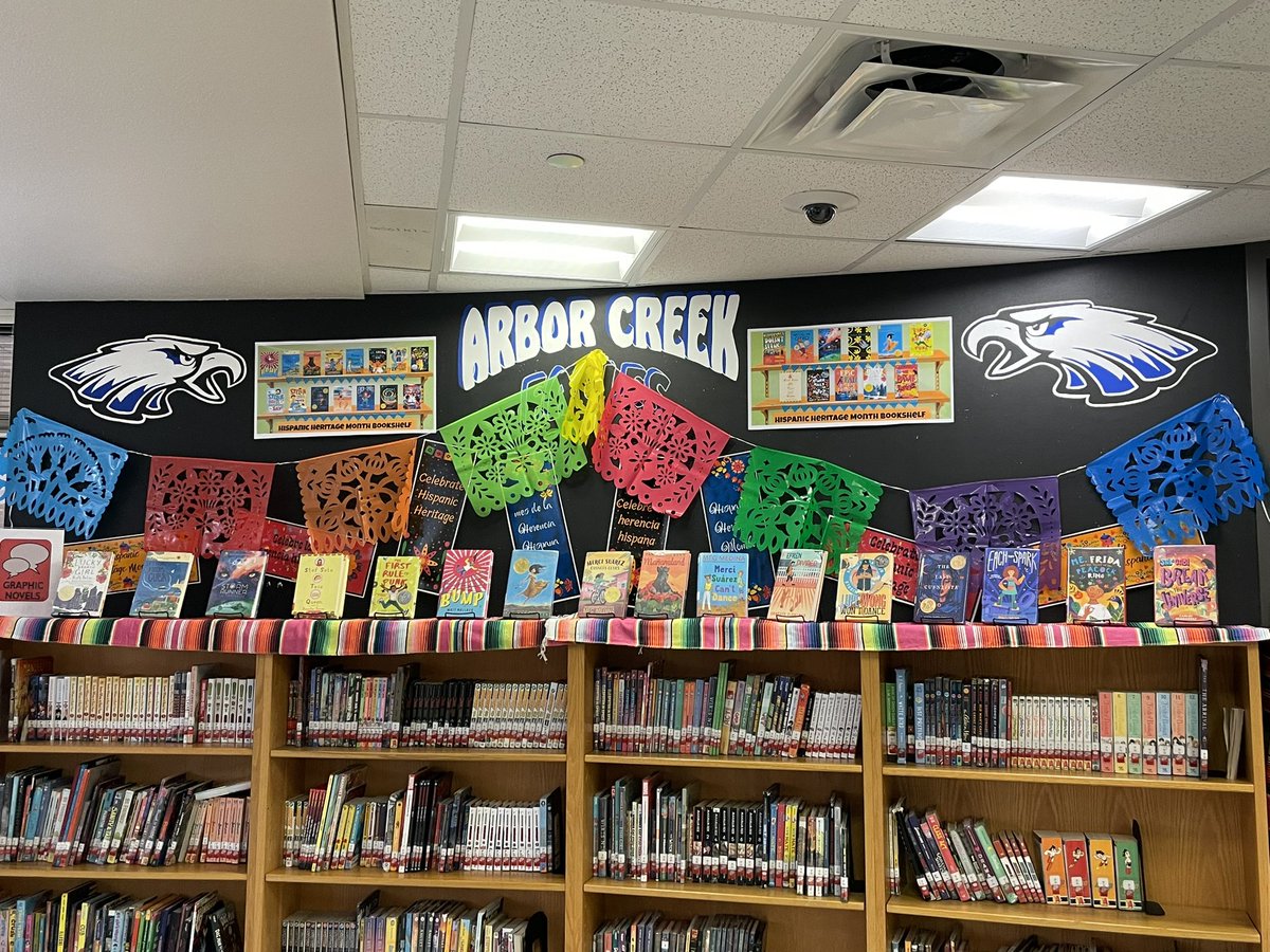 The ACMS Library is celebrating Hispanic Heritage Month (Sept 15-Oct 15) featuring books on display by Hispanic authors or featuring Hispanic characters! Check one out from our display! @ArborCreekMS #HispanicHeritageMonth #LISDlib