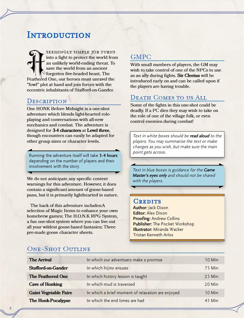 AdvWithPride's tweet image. Get honk-crazy with our latest 20+ paged Goose-Themed 5E one-shot adventure, and supplementally RPG system, One HONK Before Midnight. 🎲🐉 #DnD #Goose #Kickstarter 

Check it out now: kickstarter.com/projects/adven…