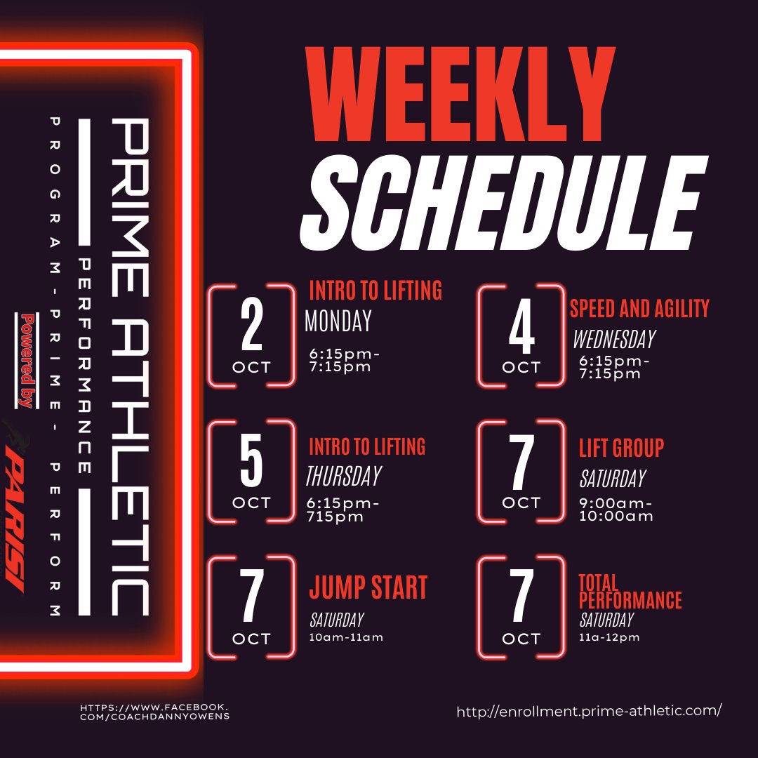 PrimeAthleticOK's tweet photo. This week's group training schedule!!! If you haven't already try out one of our Speed &amp; Agility or Athletic lifting groups sign up this week's. Our groups are good for both in-season &amp; off-season athletes!!! Check out our schedule at https://t.co/SWUfkSlo51 https://t.co/dpzy55NHst