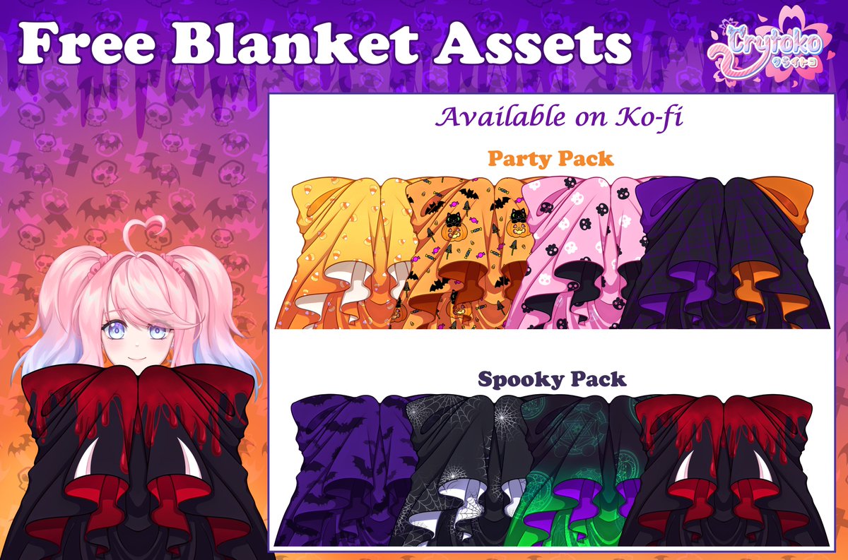 🎃♡ Rts appreciated ♡🎃
New blanket assets for the Halloween season~! Hope you guys love these as much as I do! 🦇💕💖💞🦇

Available for free on my Ko-fi (link below)
#VTuberAssets #VtubersEN #Vtubers