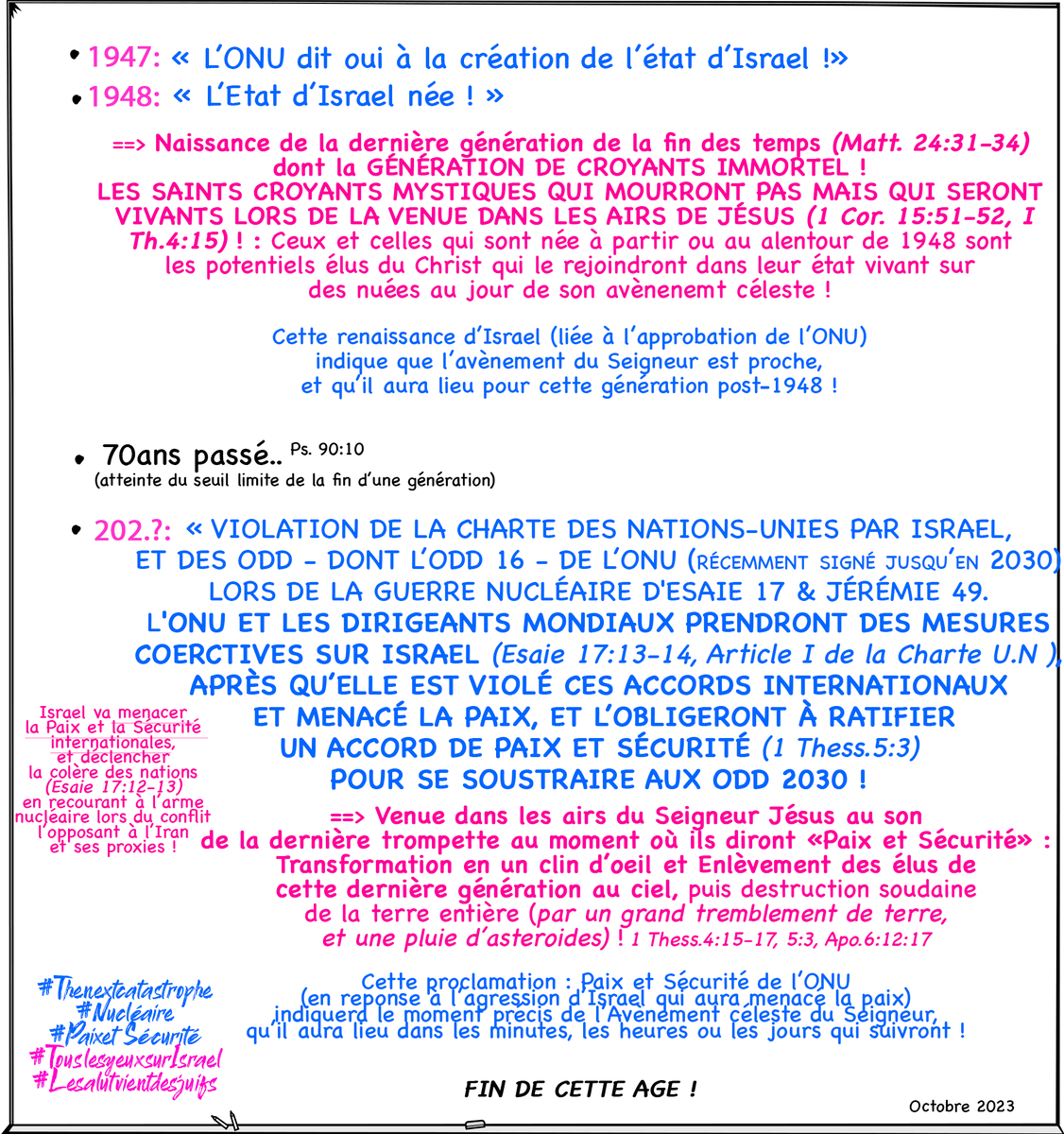 SaintViens's tweet photo. LES DEUX PLUS GRANDS SIGNES PROPHÉTIQUES DE LA FIN DE CETTE AGE ! 

- L'Approbation de l'ONU de 1947 pour la création de l'Etat Israel qui naitra, un an après, en 1948 ! 
- La Violation de la charte des Nations-Unies par Israel, lors du conflit nucléaire à venir contre l'Iran.. https://t.co/cQxRWkAjR0