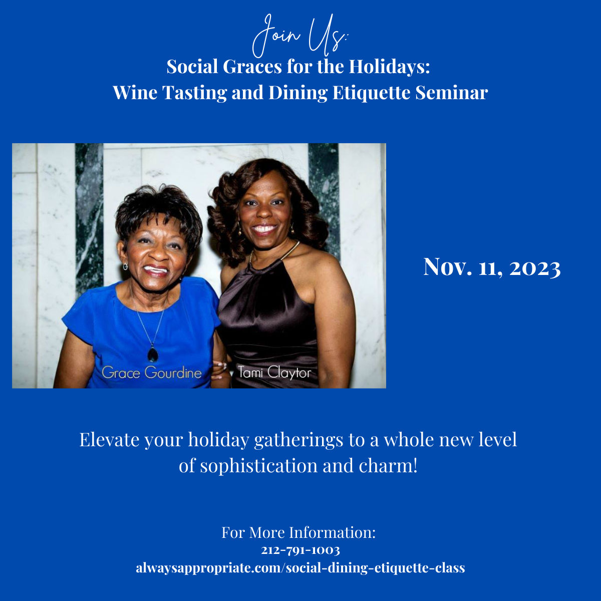 TamiClaytor's tweet image. Elevate your holiday gatherings to a whole new level of sophistication and charm! Join us for an unforgettable afternoon of refined indulgence and expert guidance. Register (alwaysappropriate.com/social-dining-…) #diningetiquette #businessetiquette #etiquetteclass