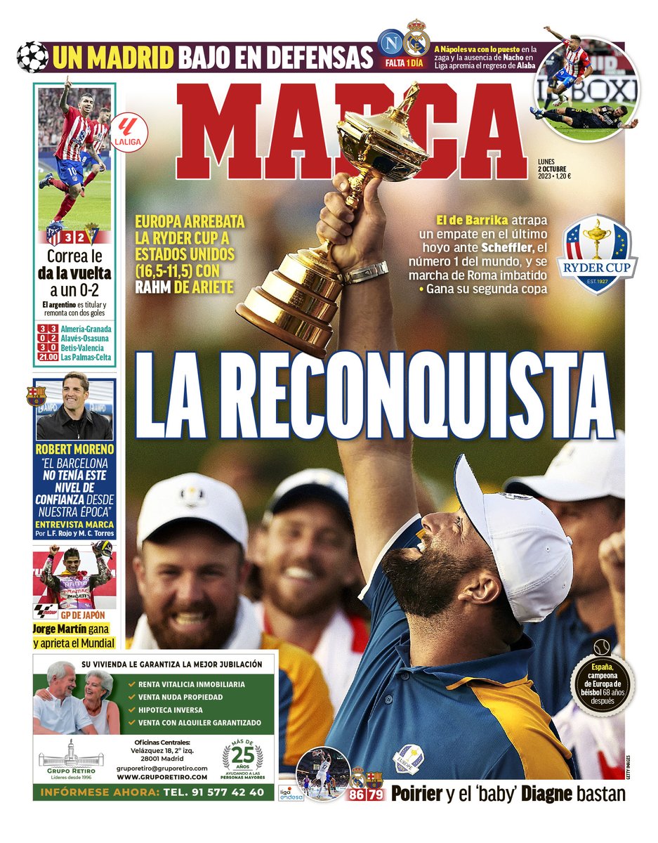#LaPortada La reconquista 🗞️

🇪🇺 Europa arrebata la #RyderCup a Estados Unidos 🇺🇸