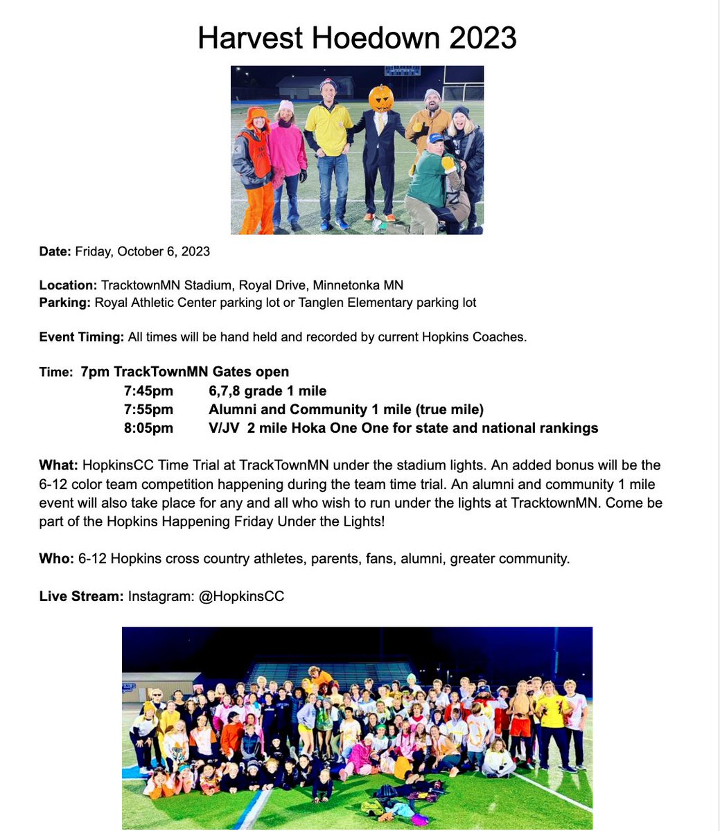 Annual Harvest Hoedown Cross Country Event at Tracktownmn, Friday Oct 6th.