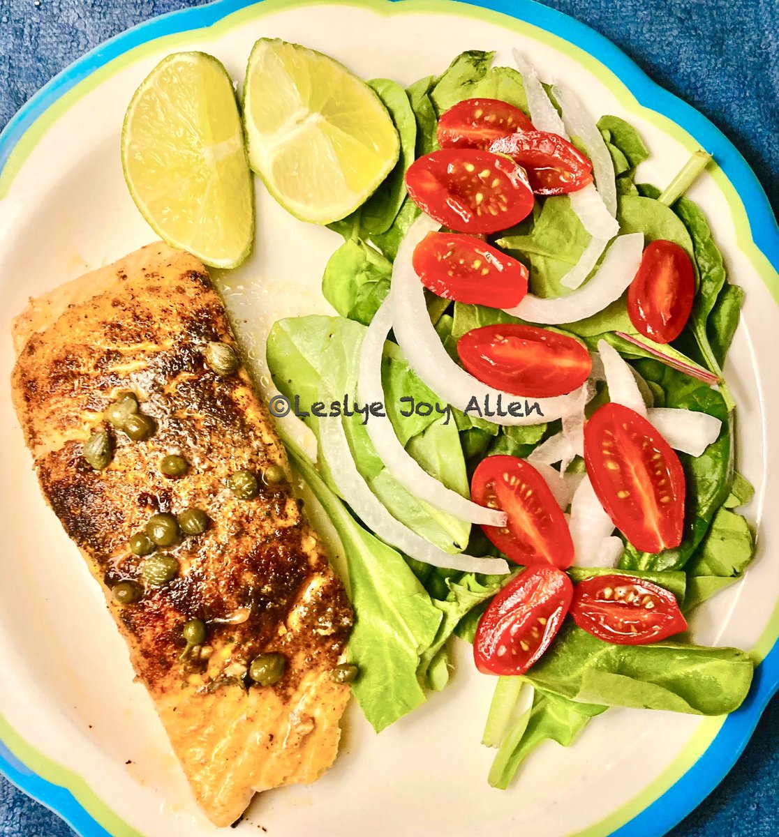 LeslyeJoyAllen's tweet photo. #Dinner: #PanSeared #Salmon in #Butter with #Capers &amp; #LimeJuice; a simple #SideSalad of #CherryTomatoes, #Spinach, #Chard, #BabyKale and #Onions.
Bon Appétite!
#LeslyeJoyAllenHistorian
#LeslyeJoyAllenHOEstorian
#ILoveAllOfUs✊🏿✊🏾✊🏽✊🏼🌈🏳️‍⚧️™️ https://t.co/femG825Zk4