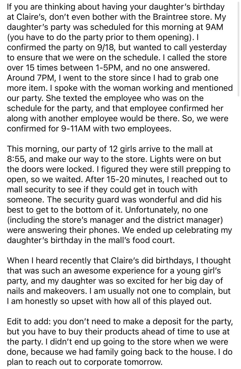 aedoucette6's tweet photo. @claires - really disappointed in your Braintree, MA store for ruining my 7 year old’s scheduled birthday party. https://t.co/W3a1nPpnUO
