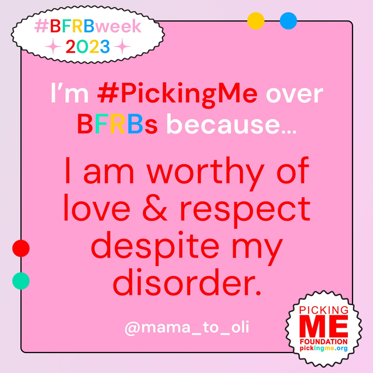 PickingMeFdn's tweet photo. "I'm #PickingMe over #BFRBs because I am worthy of love and respect despite my disorder." - @mama_to_oli
~
Submit a Pledge and be featured on our page for #BFRBweek! Visit https://t.co/vFEAPQDpfH or tap the link in our bio to learn more. https://t.co/SKpCPsaHbR