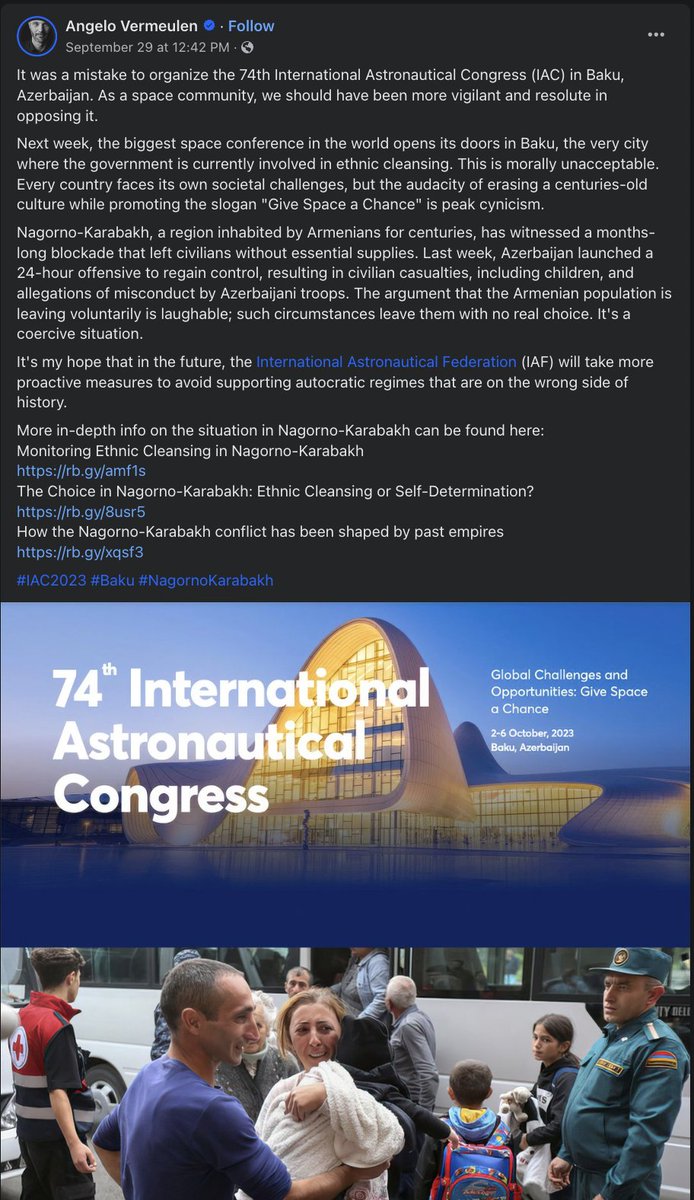 LindseySnell's tweet photo. "It was a mistake to organize the 74th International Astronautical Congress (IAC) in Baku, Azerbaijan. As a space community, we should have been more vigilant and resolute in opposing it."

Heartening to see this in a sea of posts from seemingly oblivious #IAC2023 attendees. https://t.co/xalhoggvft