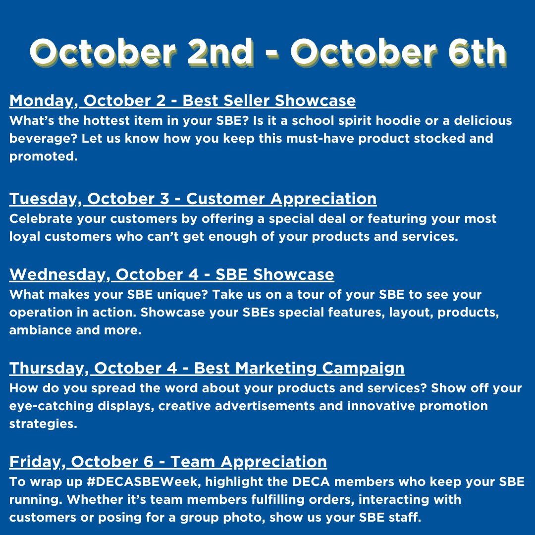 WI_DECA's tweet image. This week is #DECASBEWeek! Each day will have a theme for chapters to post about their school based enterprise. WI DECA encourages you to participate by sharing photos or videos corresponding to the daily theme. Be sure to include #DECASBEWeek and tag @wi_deca and @decainc!