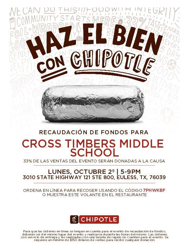 Join us tomorrow, October 2nd, for a delicious way to support the Pack. Let Chipotle do the cooking! Support the CTMS PTA by showing the attached flyer or mentioning CTMS to the cashier, between 5 and 9 pm at the Euless location.