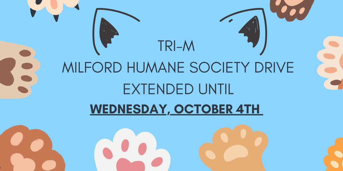 TriMHopedale's tweet photo. Tri-M is holding a drive for the Milford Humane Society until October 4th! Donate today!  Boxes located in front of the main office! @hopedalejshs @HFOM_Hopedale https://t.co/oCG7guYRmG